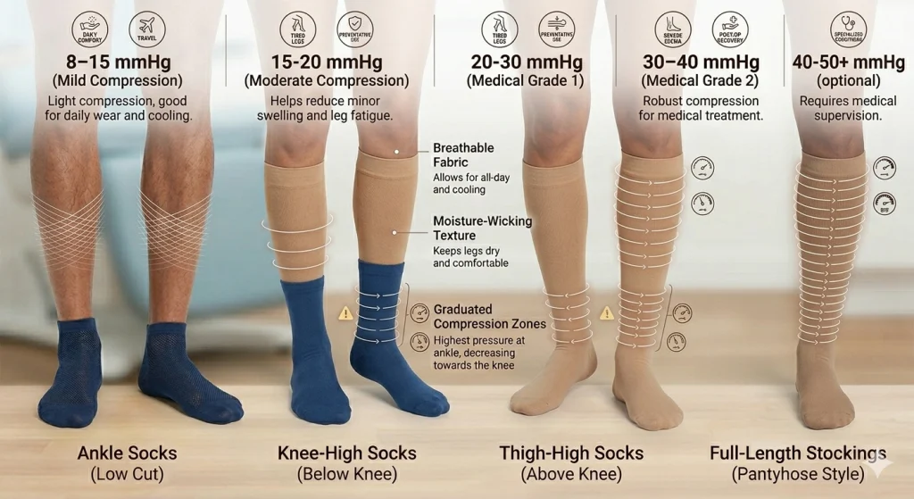 Four types of compression socks displayed side by side: ankle socks low cut, knee-high socks below knee, thigh-high socks above knee, and full-length stockings pantyhose style with graduated compression zone labels