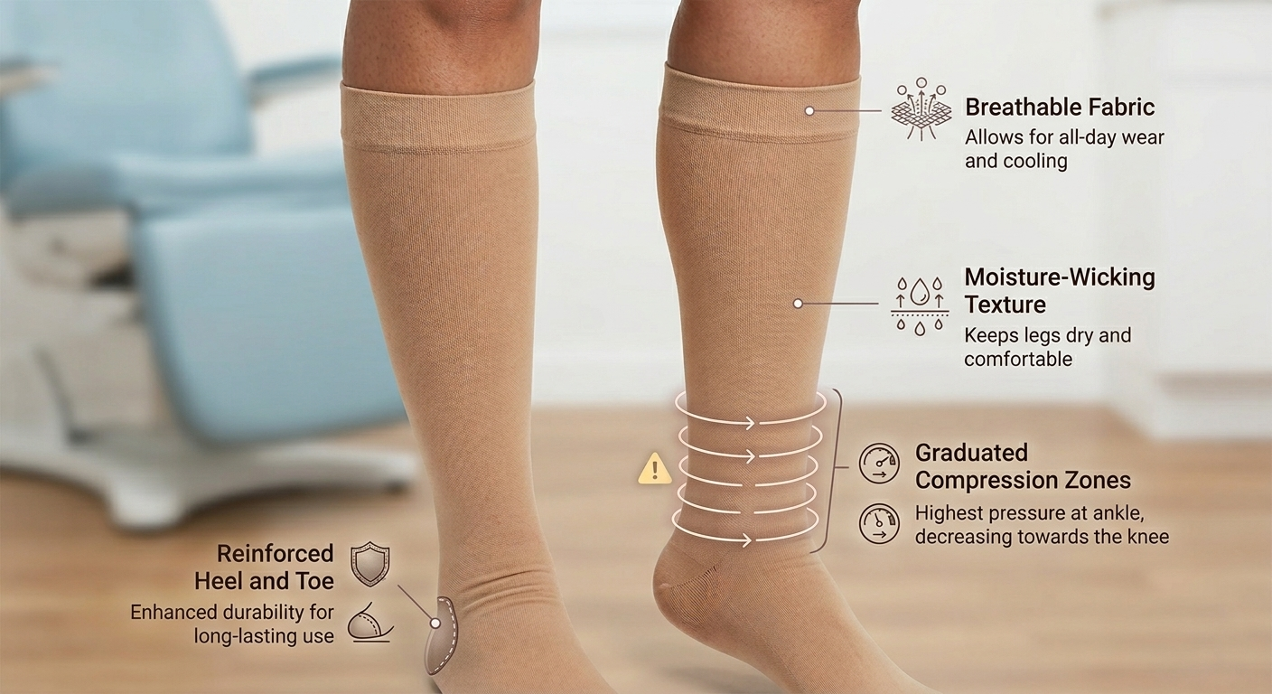 Key features of compression socks diagram showing breathable fabric, moisture-wicking texture, graduated compression zones with highest pressure at ankle, and reinforced heel and toe for durability