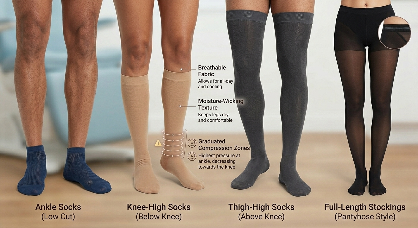 Key features of compression socks diagram showing breathable fabric, moisture-wicking texture, graduated compression zones with highest pressure at ankle, and reinforced heel and toe for durability