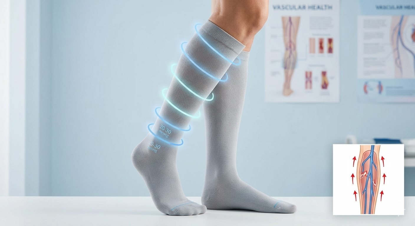 Medical illustration of compression socks showing 20-30 mmHg graduated compression rings on leg improving blood circulation upward, with vascular health anatomy diagram