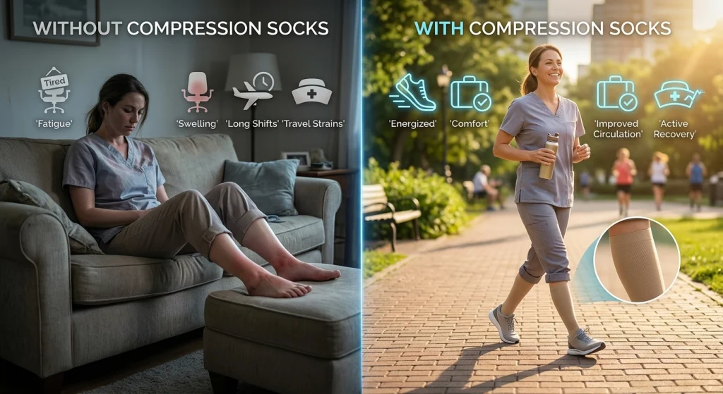 Before and after comparison of wearing compression socks — without socks showing fatigue, swelling, long shifts and travel strains versus with compression socks showing energized legs, comfort, improved circulation and active recovery