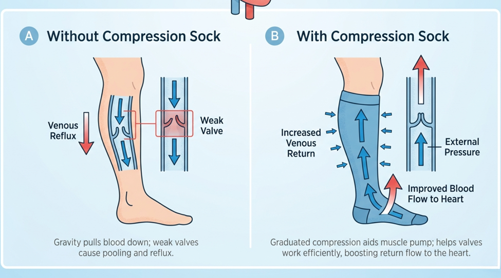 How compression socks improve blood flow — without vs with compression sock venous return diagram.
