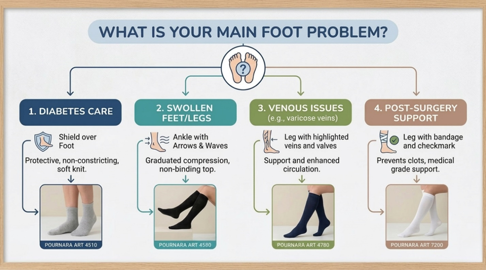 Woman sitting on sofa holding sore ankle — foot pain relief with support socks.