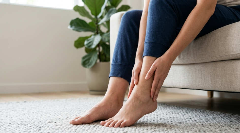 Woman sitting on sofa holding sore ankle — foot pain relief with support socks.