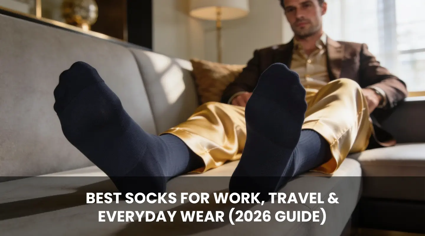Man relaxing on sofa wearing dark socks, banner text: best socks for work, travel and everyday wear 2026 guide
