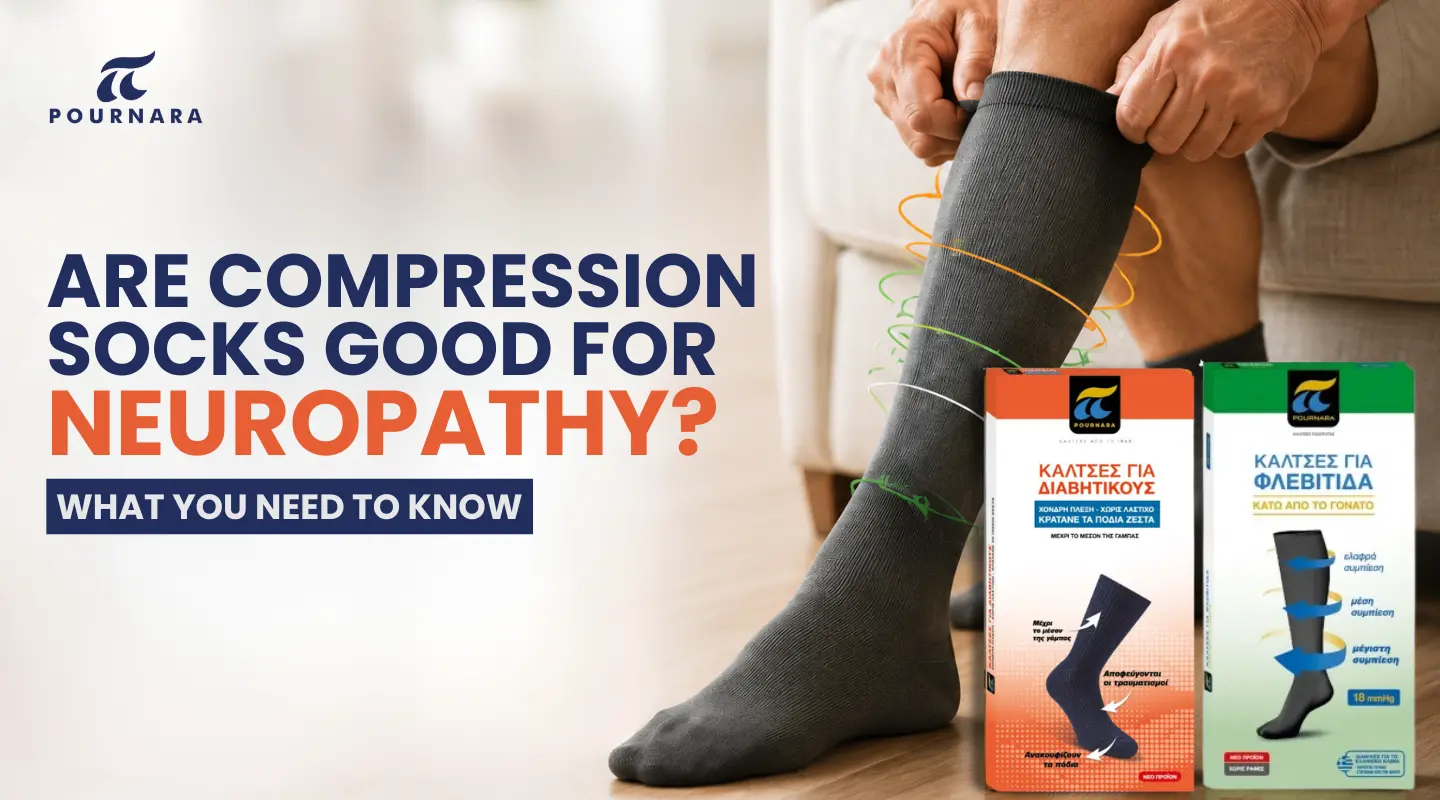 Pournara compression socks and diabetic socks displayed alongside a person wearing knee-high compression socks for neuropathy relief.