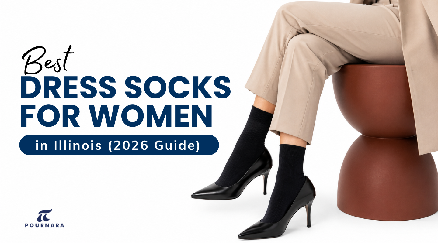Best dress socks for women in Illinois featuring a professional woman wearing black dress socks with heels and beige business attire.