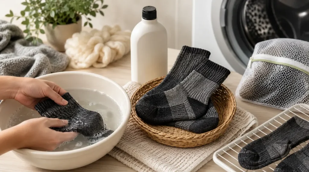 Proper hand washing technique for merino wool socks using mild detergent and cold water