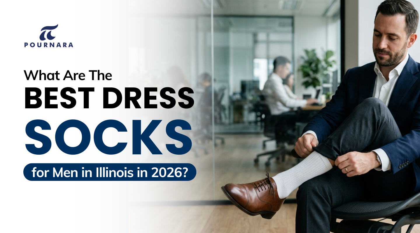 Best dress socks for men in Illinois featuring a businessman wearing white dress socks with formal shoes in a modern office setting.